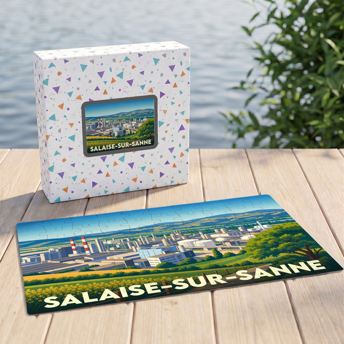 Puzzle souvenir de la ville de Salaise-sur-Sanne avec une illustration stylisée de son paysage industriel et verdoyant.