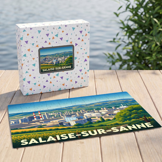 Puzzle souvenir de la ville de Salaise-sur-Sanne avec une illustration stylisée de son paysage industriel et verdoyant.