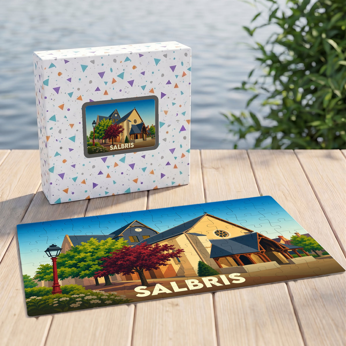 Puzzle souvenir de la ville de Salbris présentant une illustration stylisée de son église et de ses paysages.