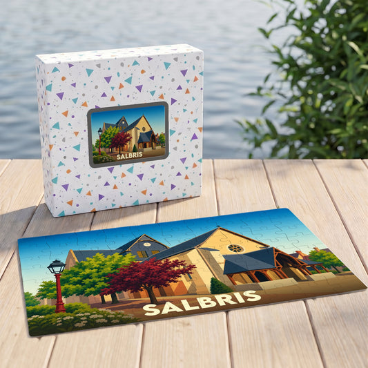 Puzzle souvenir de la ville de Salbris présentant une illustration stylisée de son église et de ses paysages.