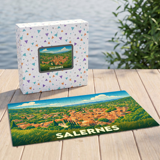 Puzzle souvenir de la ville de Salernes avec une illustration panoramique stylisée.