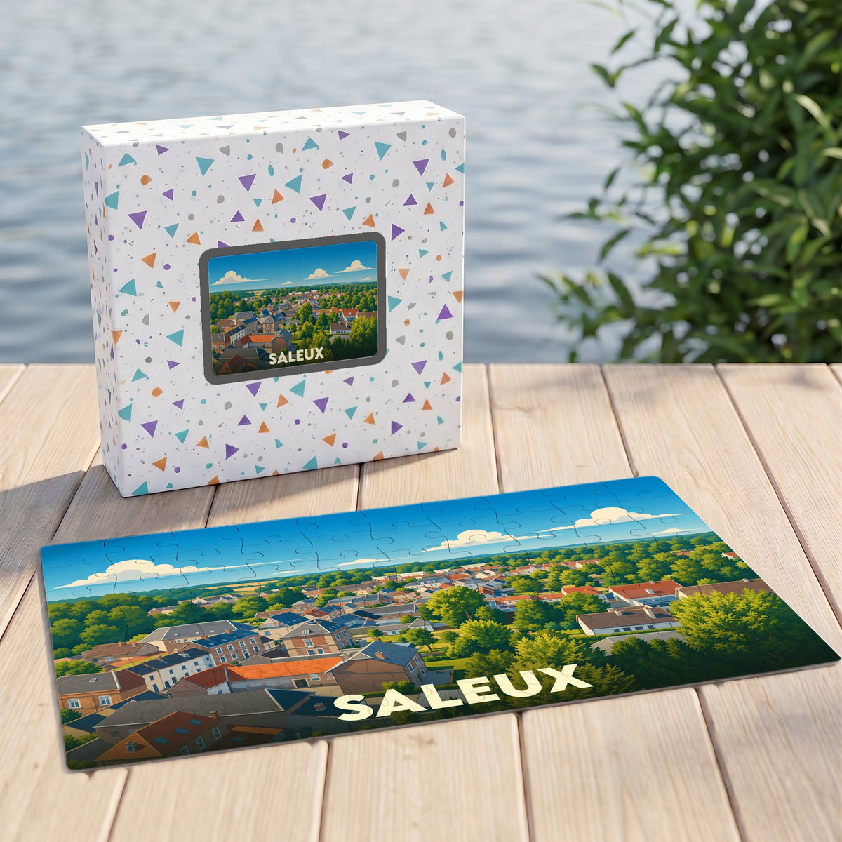 Puzzle souvenir de la ville de Saleux avec une illustration paysagère stylisée.
