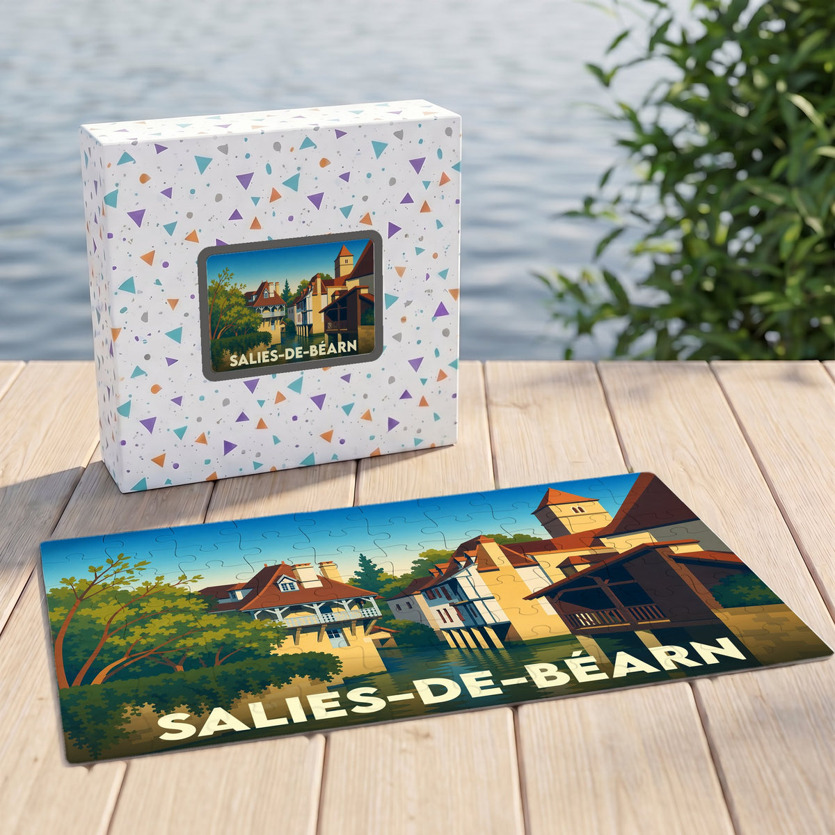 Puzzle souvenir de la ville de Salies-de-Béarn illustré d'un paysage urbain stylisé au bord de l'eau.