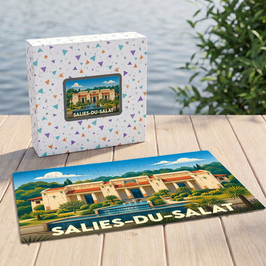 Puzzle souvenir de la ville de Salies-du-Salat avec une illustration colorée et stylisée de ses thermes.