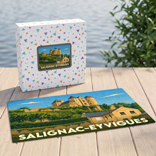 Puzzle souvenir de la ville de Salignac-Eyvigues avec une illustration stylisée de son château.