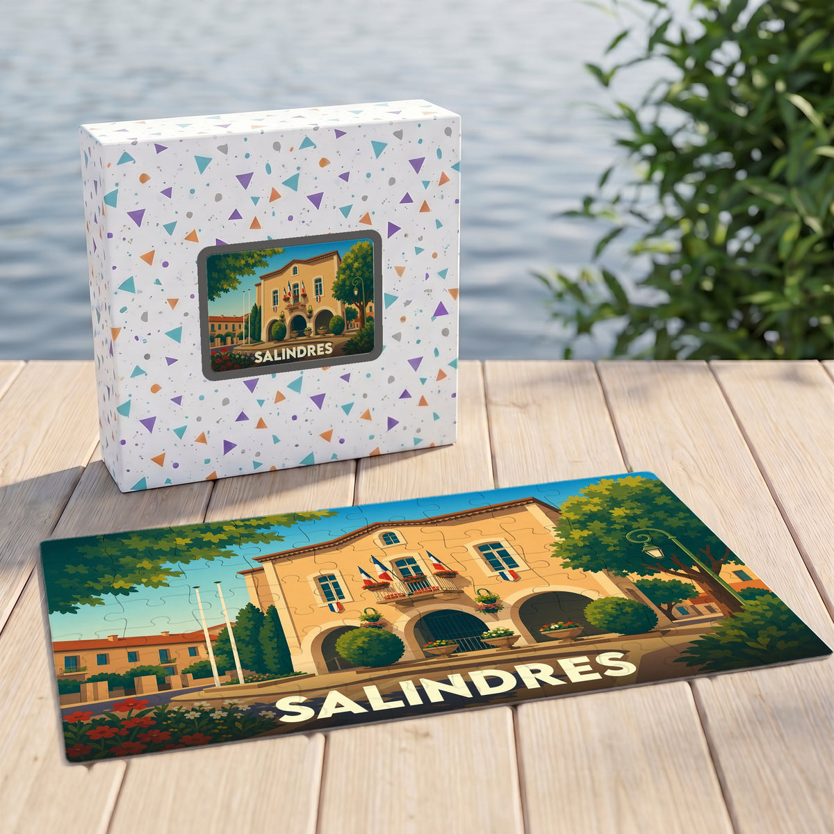 Puzzle souvenir de la ville de Salindres avec une illustration stylisée.