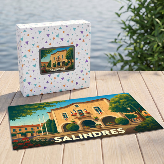 Puzzle souvenir de la ville de Salindres avec une illustration stylisée.