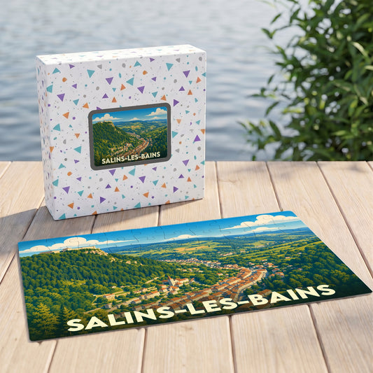 Puzzle souvenir de la ville de Salins-les-Bains avec une illustration paysagère stylisée.