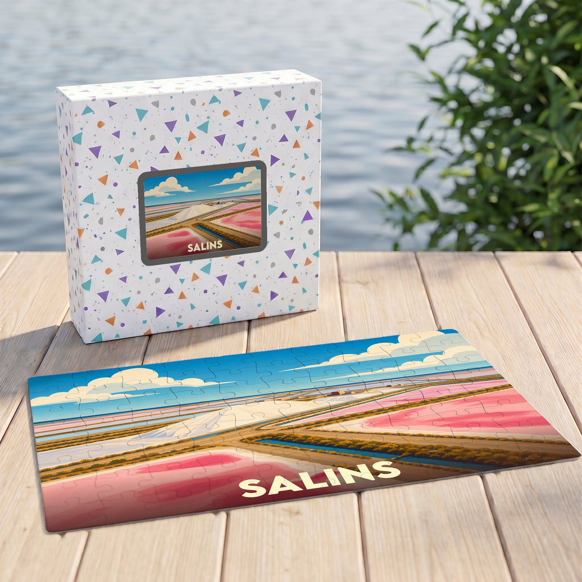 Puzzle souvenir de la ville de Salins avec une illustration stylisée de ses marais salants.