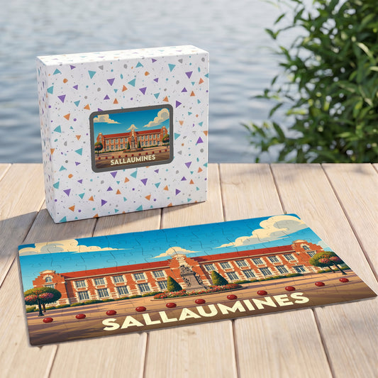 Puzzle souvenir de la ville de Sallaumines représentant l'hôtel de ville avec une illustration stylisée.