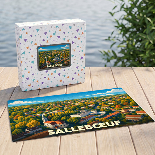 Puzzle souvenir de la ville de Sallebœuf avec une illustration panoramique stylisée.