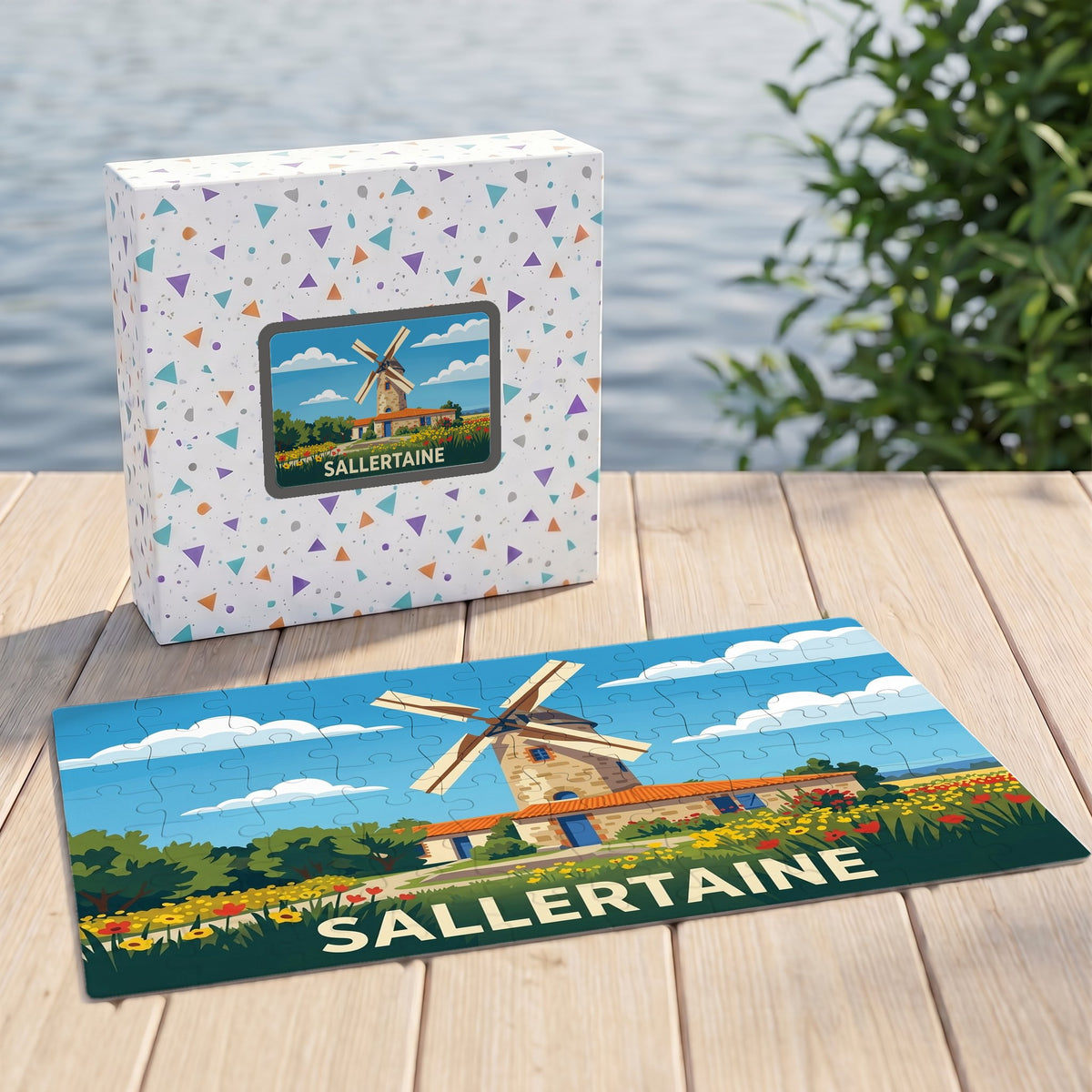 Puzzle souvenir de la ville de Sallertaine représentant un moulin à vent dans un style illustré.