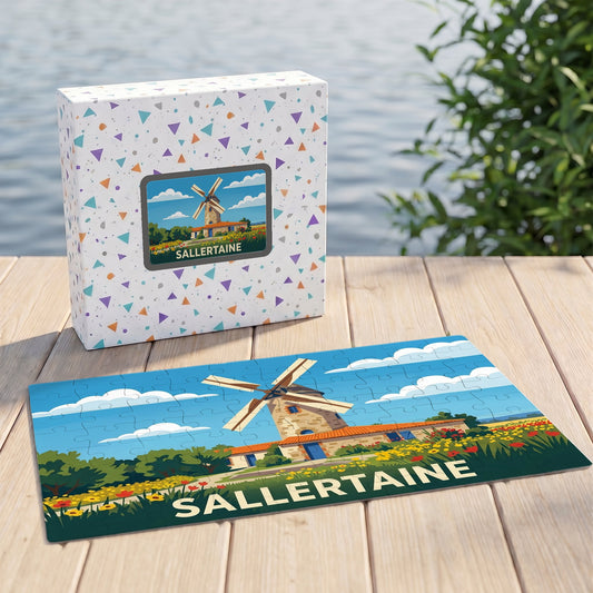 Puzzle souvenir de la ville de Sallertaine représentant un moulin à vent dans un style illustré.