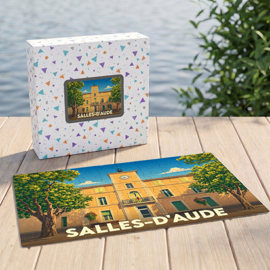 Puzzle souvenir de la ville de Salles-d'Aude avec une illustration stylisée de la mairie.