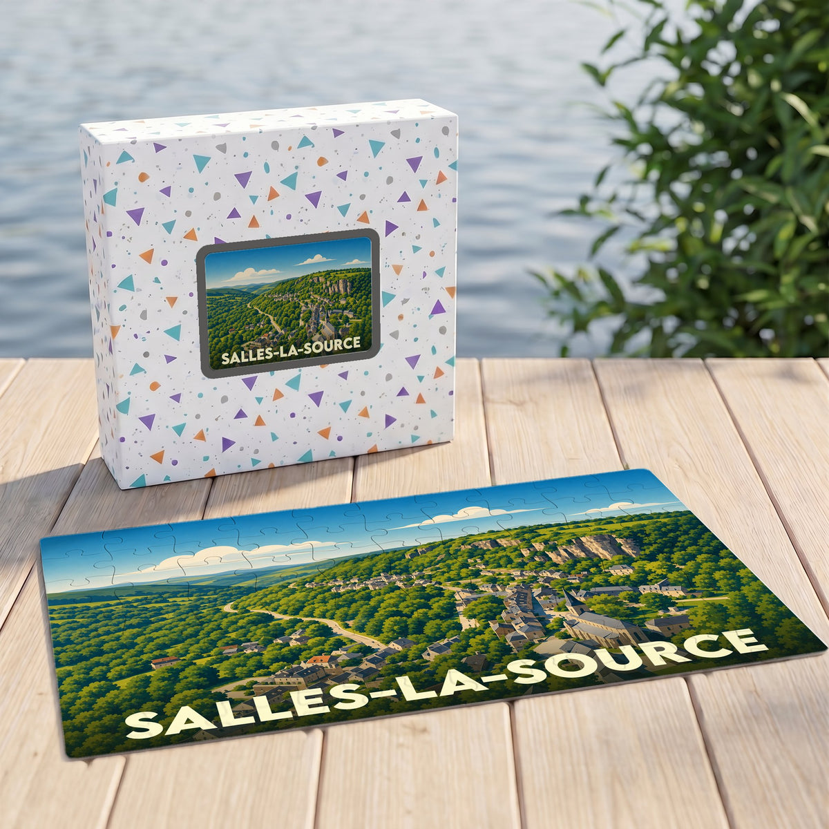 Puzzle souvenir de la ville de Salles-la-Source avec une illustration stylisée de son paysage vallonné.