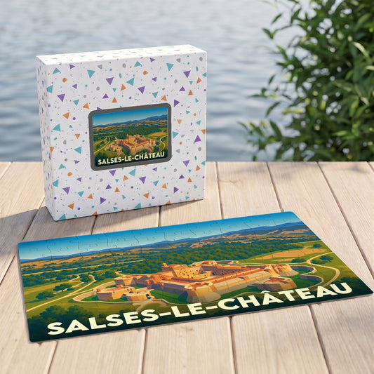 Puzzle souvenir de la ville de Salses-le-Château avec une illustration stylisée de sa forteresse.