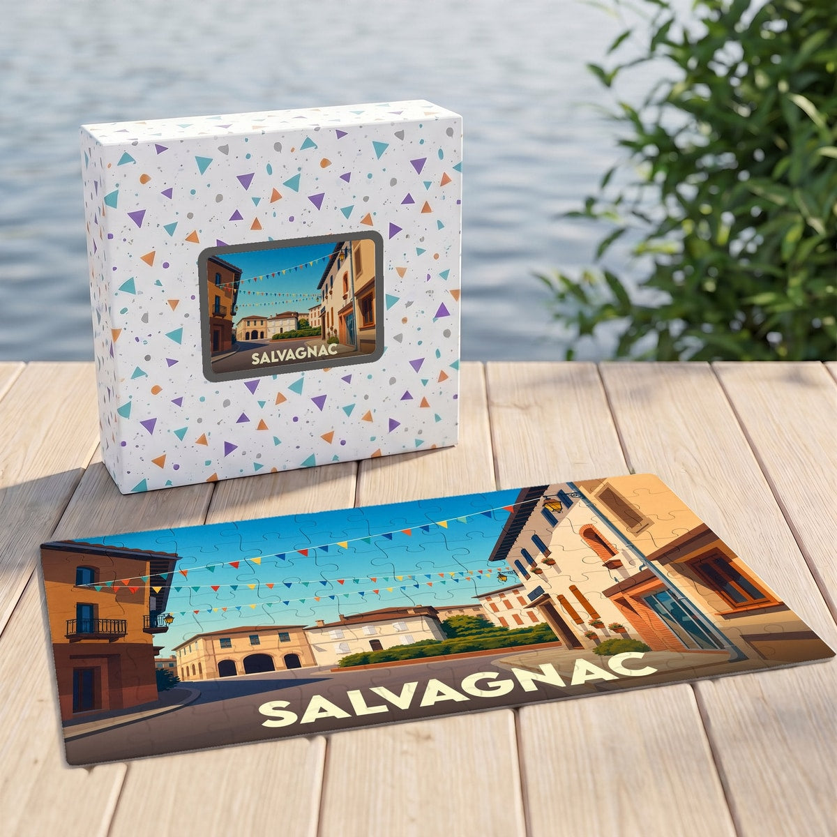 Puzzle souvenir de la ville de Salvagnac avec une illustration stylisée et sa boîte assortie.