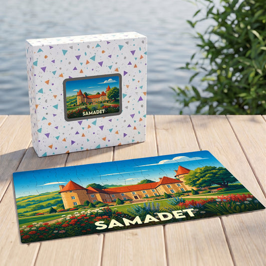 Puzzle souvenir de la ville de Samadet avec une illustration stylisée d'un château.