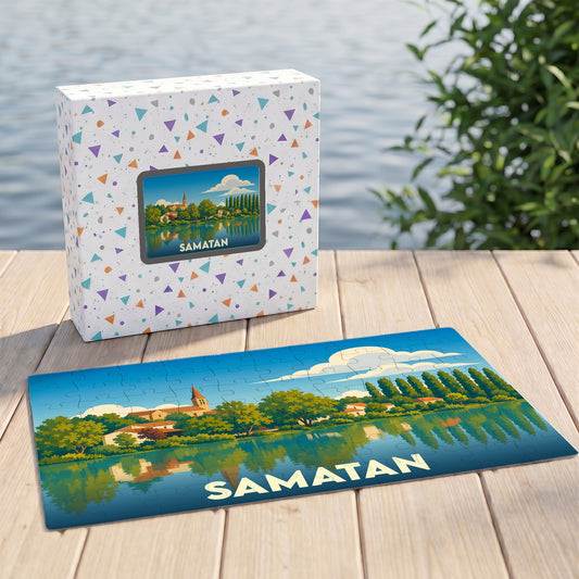 Puzzle souvenir de la ville de Samatan avec une illustration stylisée de son paysage lacustre.
