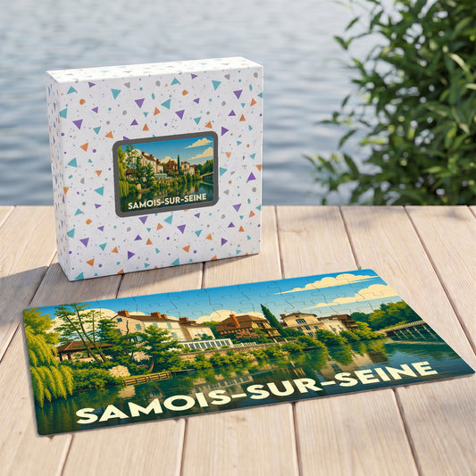 Puzzle souvenir de la ville de Samois-sur-Seine avec une illustration stylisée des bords de Seine.