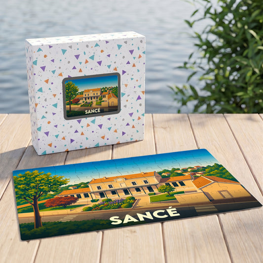 Puzzle souvenir de la ville de Sancé avec une illustration stylisée d'un bâtiment emblématique.
