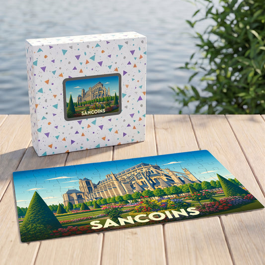 Puzzle souvenir de la ville de Sancoins avec une illustration stylisée d'un monument historique et de ses jardins.