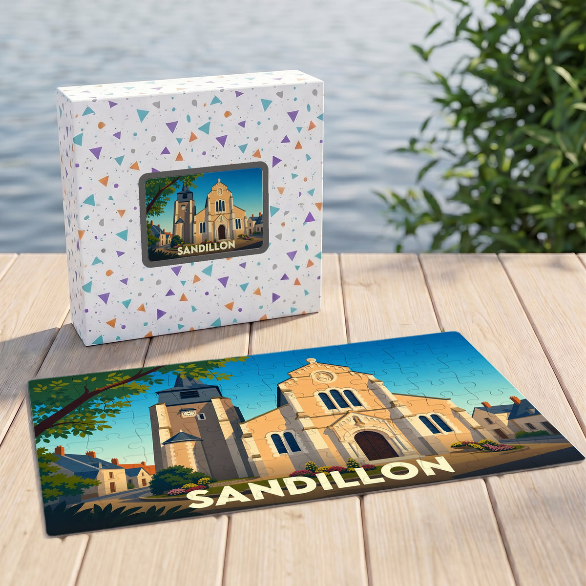 Puzzle souvenir de la ville de Sandillon illustrant son église dans un style graphique épuré.