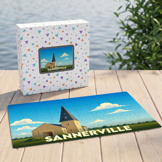 Puzzle souvenir de la ville de Sannerville avec une illustration stylisée d'un bâtiment historique.