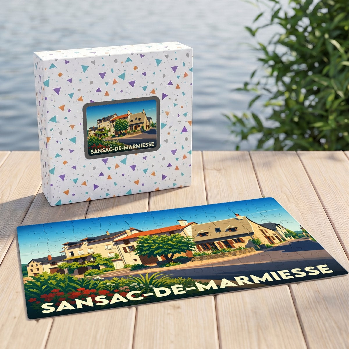 Puzzle souvenir de la ville de Sansac-de-Marmiesse avec son illustration stylisée et sa boîte assortie.