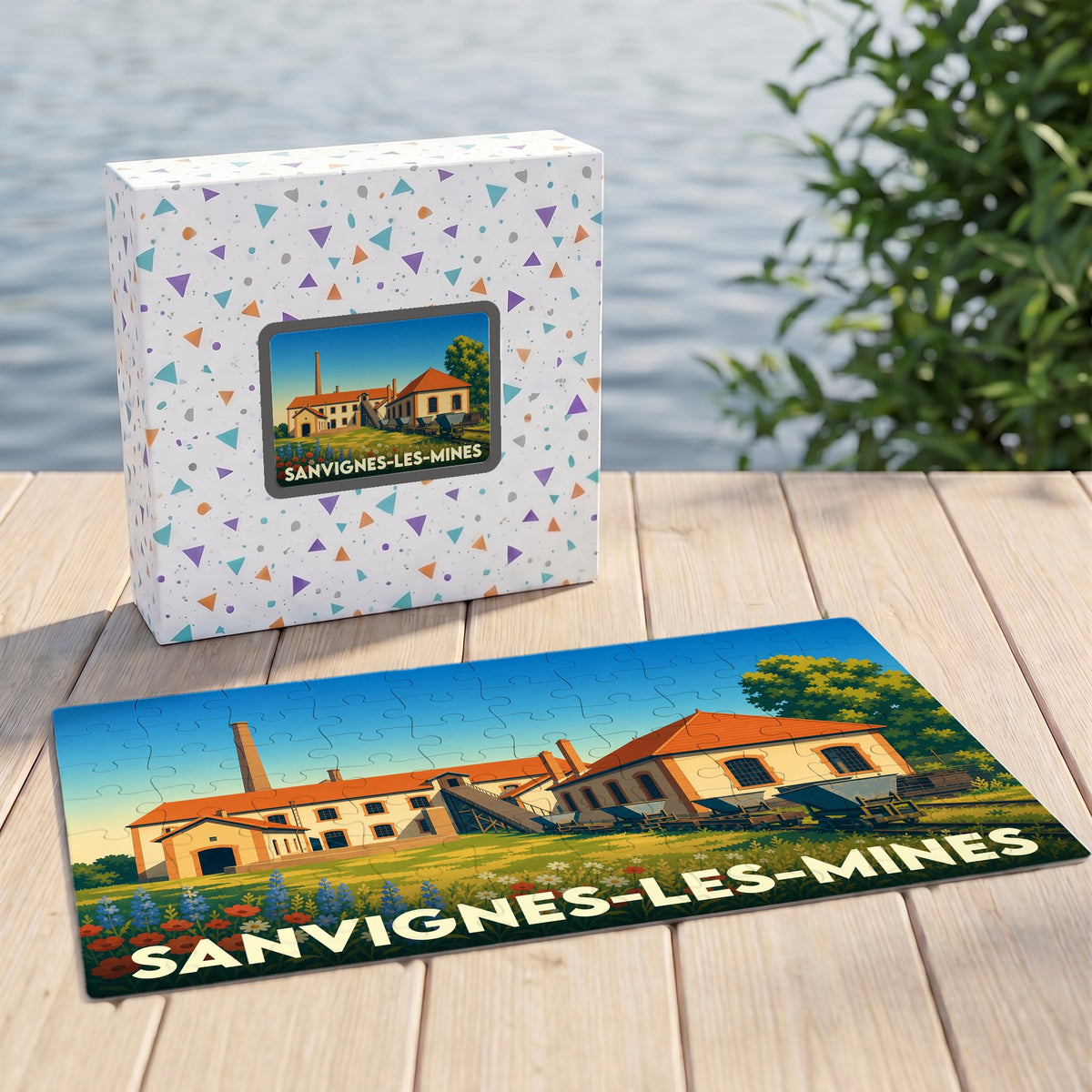Puzzle souvenir de la ville de Sanvignes-les-Mines avec une illustration stylisée et colorée.