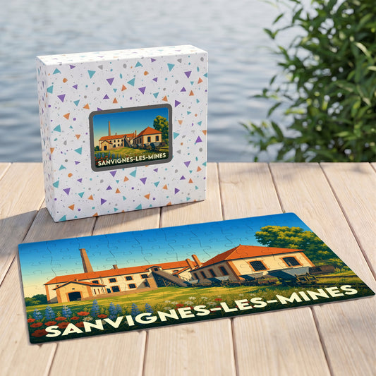 Puzzle souvenir de la ville de Sanvignes-les-Mines avec une illustration stylisée et colorée.