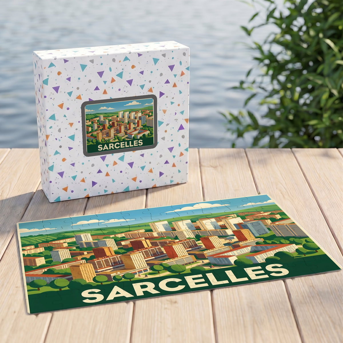 Puzzle souvenir de la ville de Sarcelles avec une illustration colorée et stylisée de son paysage urbain.