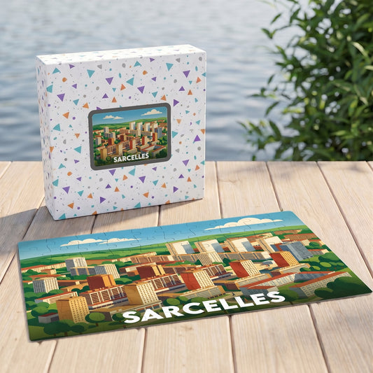 Puzzle souvenir de la ville de Sarcelles avec une illustration stylisée de son paysage urbain.