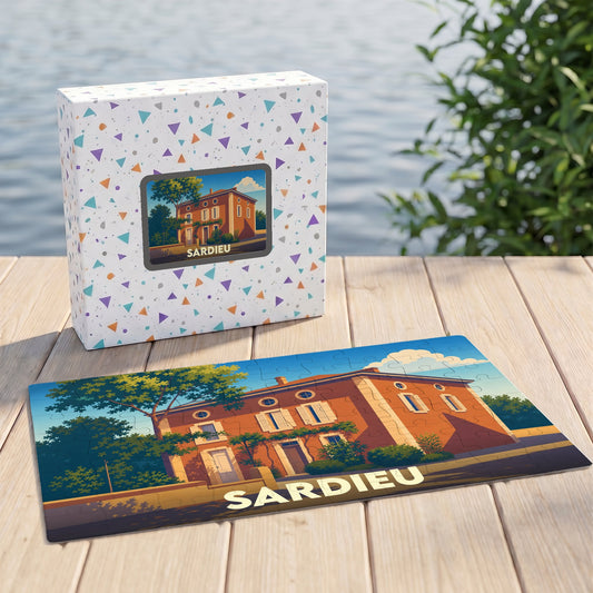 Puzzle souvenir de la ville de Sardieu avec une illustration stylisée d'une maison de maître.