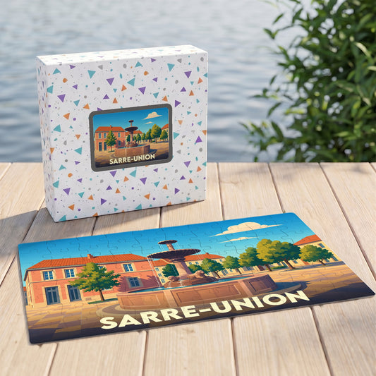 Puzzle souvenir de la ville de Sarre-Union représentant sa place centrale et sa fontaine dans un style illustré.