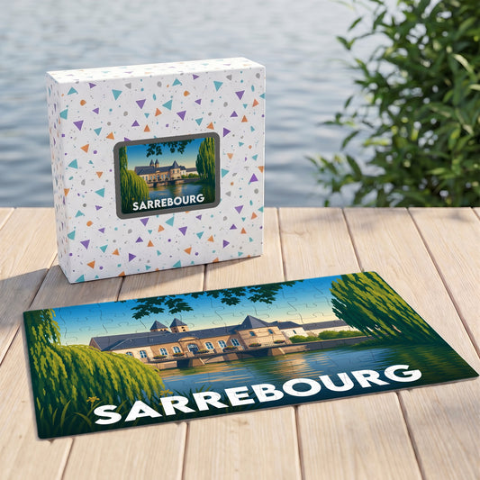 Puzzle souvenir de la ville de Sarrebourg avec une illustration stylisée d'un bâtiment historique au bord de l'eau.