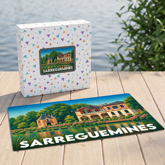 Puzzle souvenir de la ville de Sarreguemines avec une illustration stylisée d'un paysage urbain au bord de l'eau.