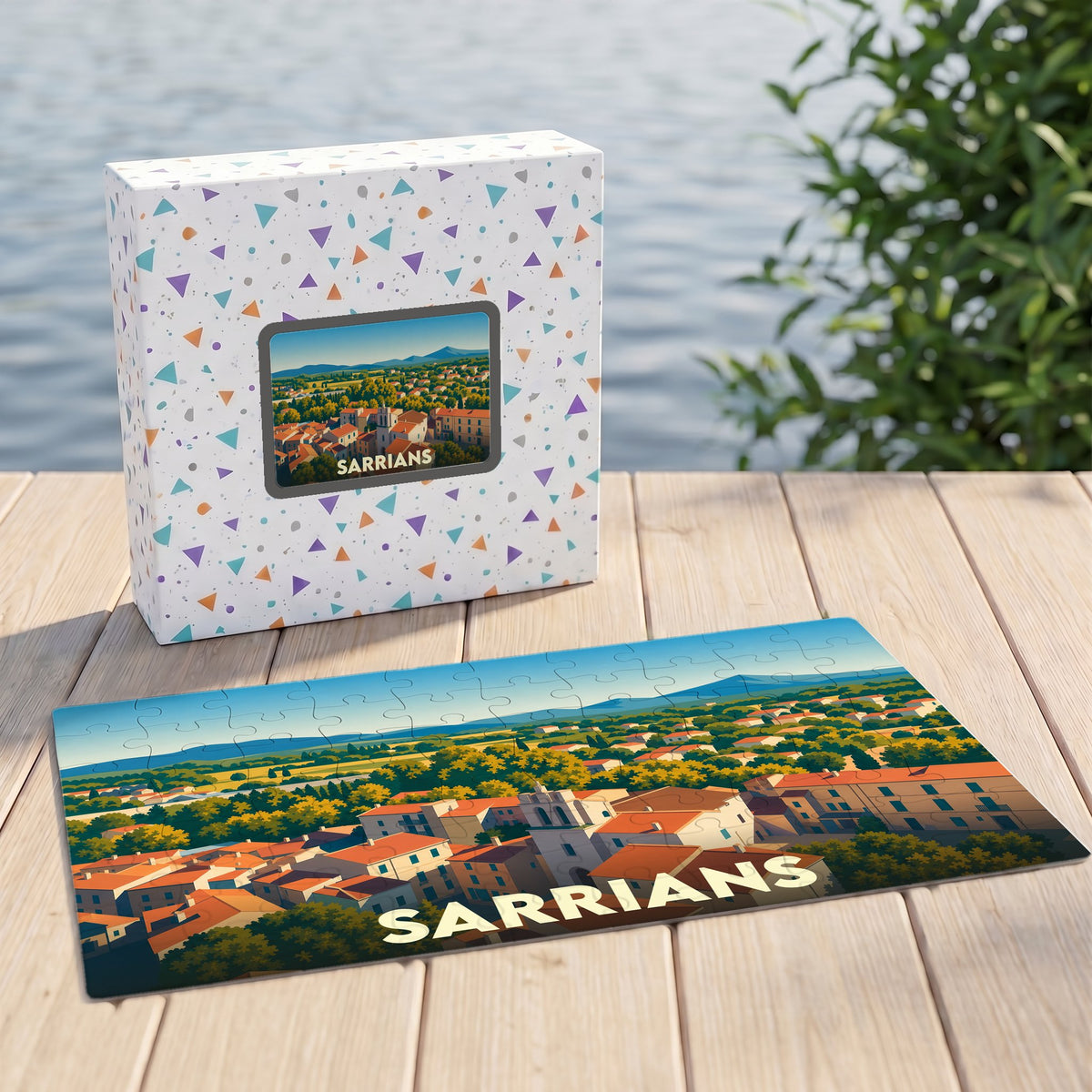Puzzle souvenir de la ville de Sarrians avec une illustration stylisée de ses toits provençaux.
