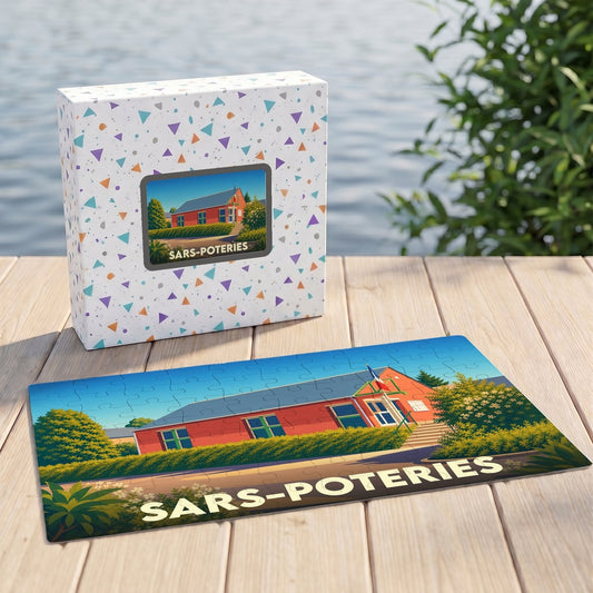 Puzzle souvenir de la ville de Sars-Poteries avec une illustration stylisée du paysage local.