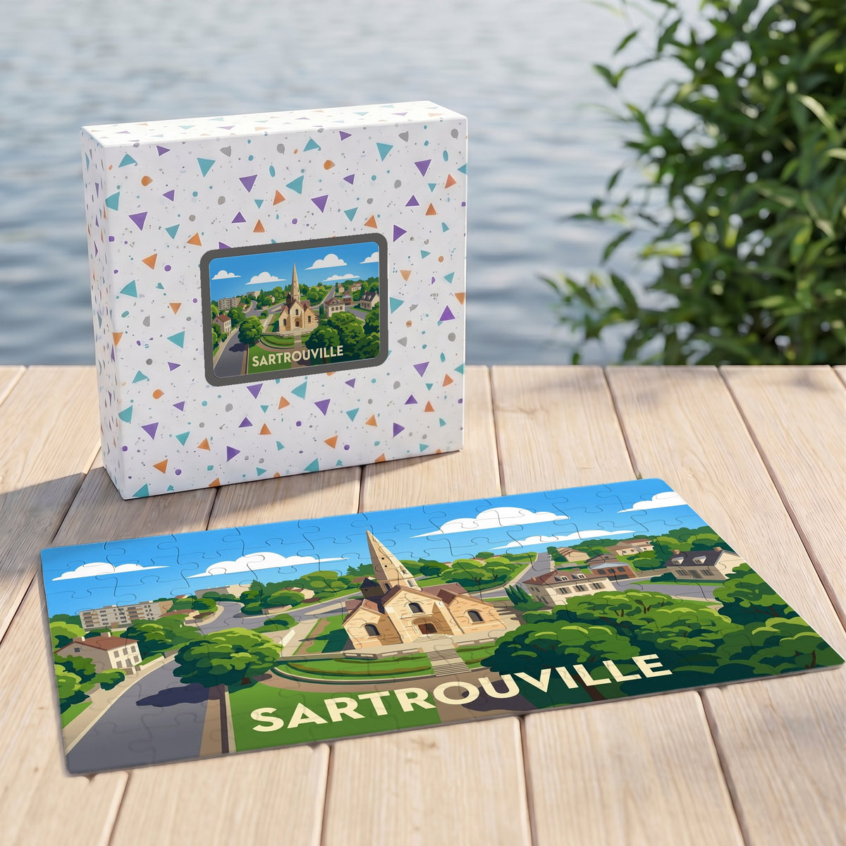 Puzzle souvenir de la ville de Sartrouville avec une illustration stylisée et sa boîte assortie.