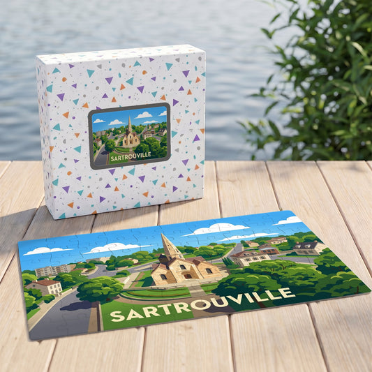 Puzzle souvenir de la ville de Sartrouville avec une illustration stylisée et sa boîte assortie.