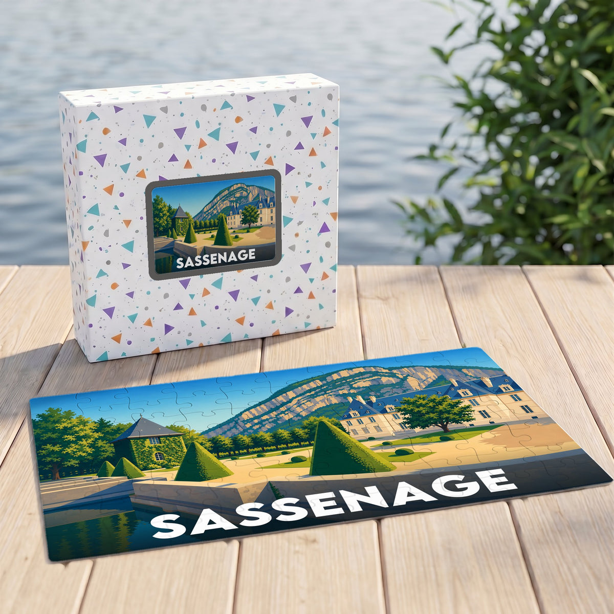 Puzzle souvenir de la ville de Sassenage avec une illustration stylisée de son château et des montagnes environnantes.