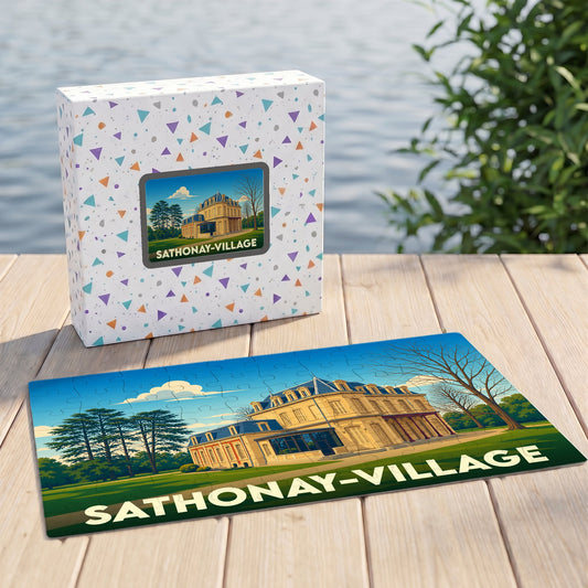 Puzzle souvenir de Sathonay-Village avec une illustration stylisée d'un château.