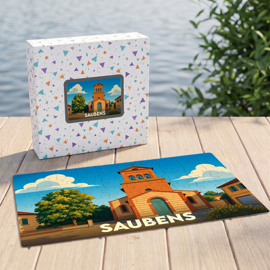 Puzzle souvenir de la ville de Saubens avec une illustration stylisée de son église sur sa boîte et en version assemblée.