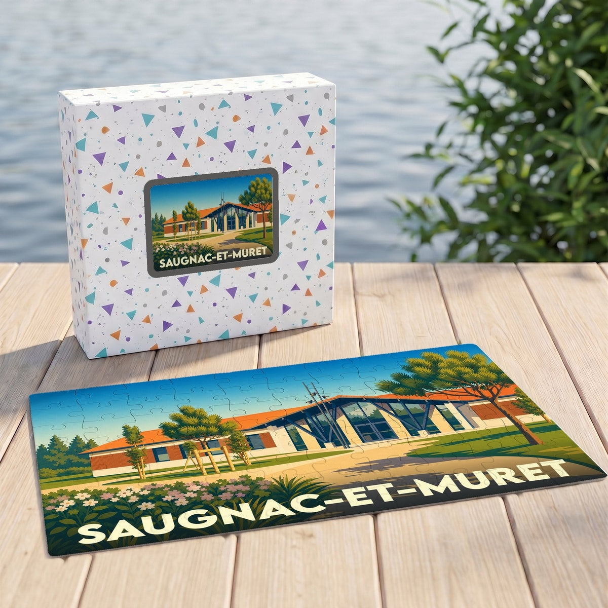 Puzzle souvenir de la ville de Saugnac-et-Muret avec une illustration stylisée d'un bâtiment moderne.