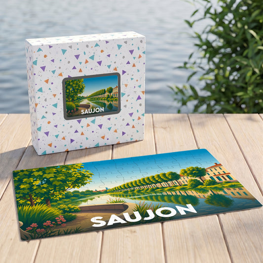 Puzzle souvenir de la ville de Saujon avec une illustration stylisée d'un paysage de bord de l'eau.