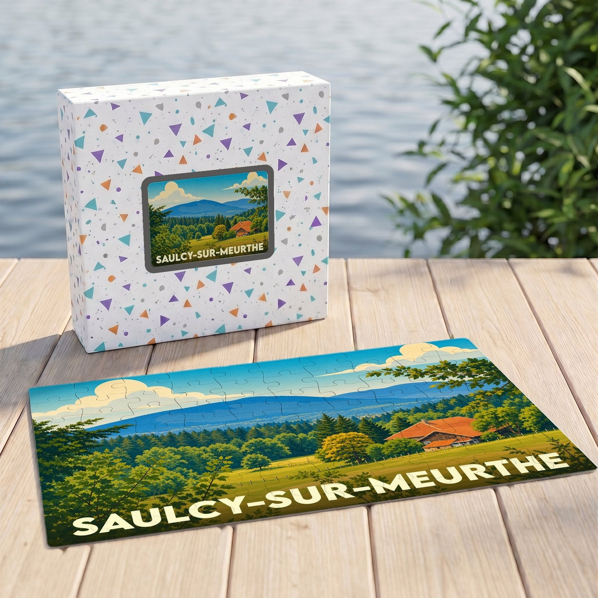 Puzzle souvenir de la ville de Saulcy-sur-Meurthe représentant un paysage de montagne illustré.