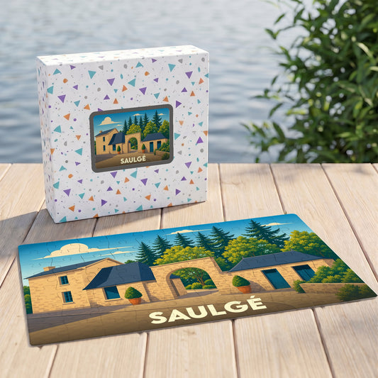 Puzzle souvenir de la ville de Saulgé avec une illustration stylisée d'un paysage urbain.