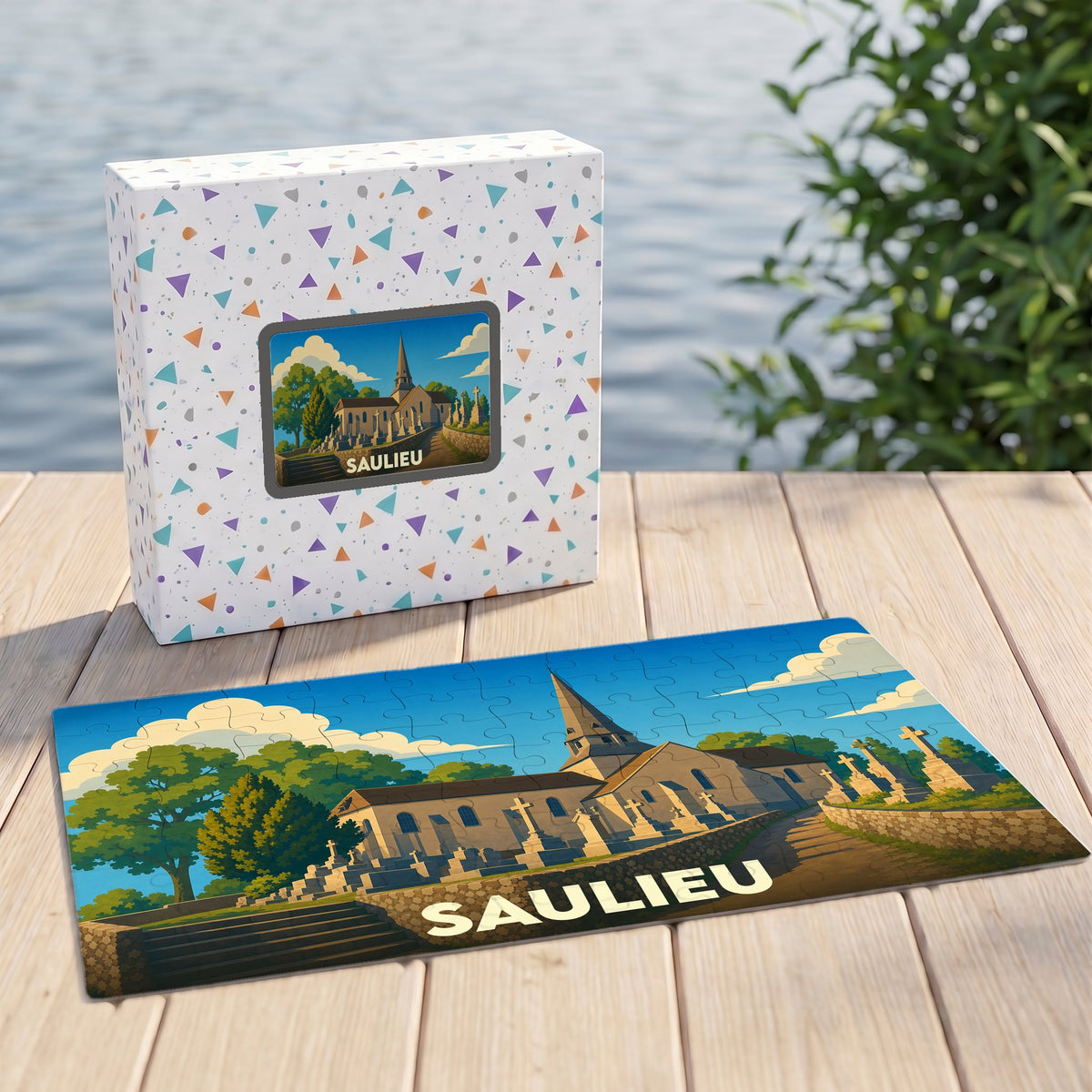 Puzzle souvenir de la ville de Saulieu représentant son église et son cimetière dans un style illustré.