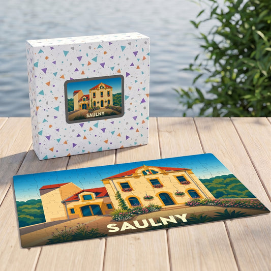 Puzzle souvenir de la ville de Saulny avec une illustration stylisée de son hôtel de ville.